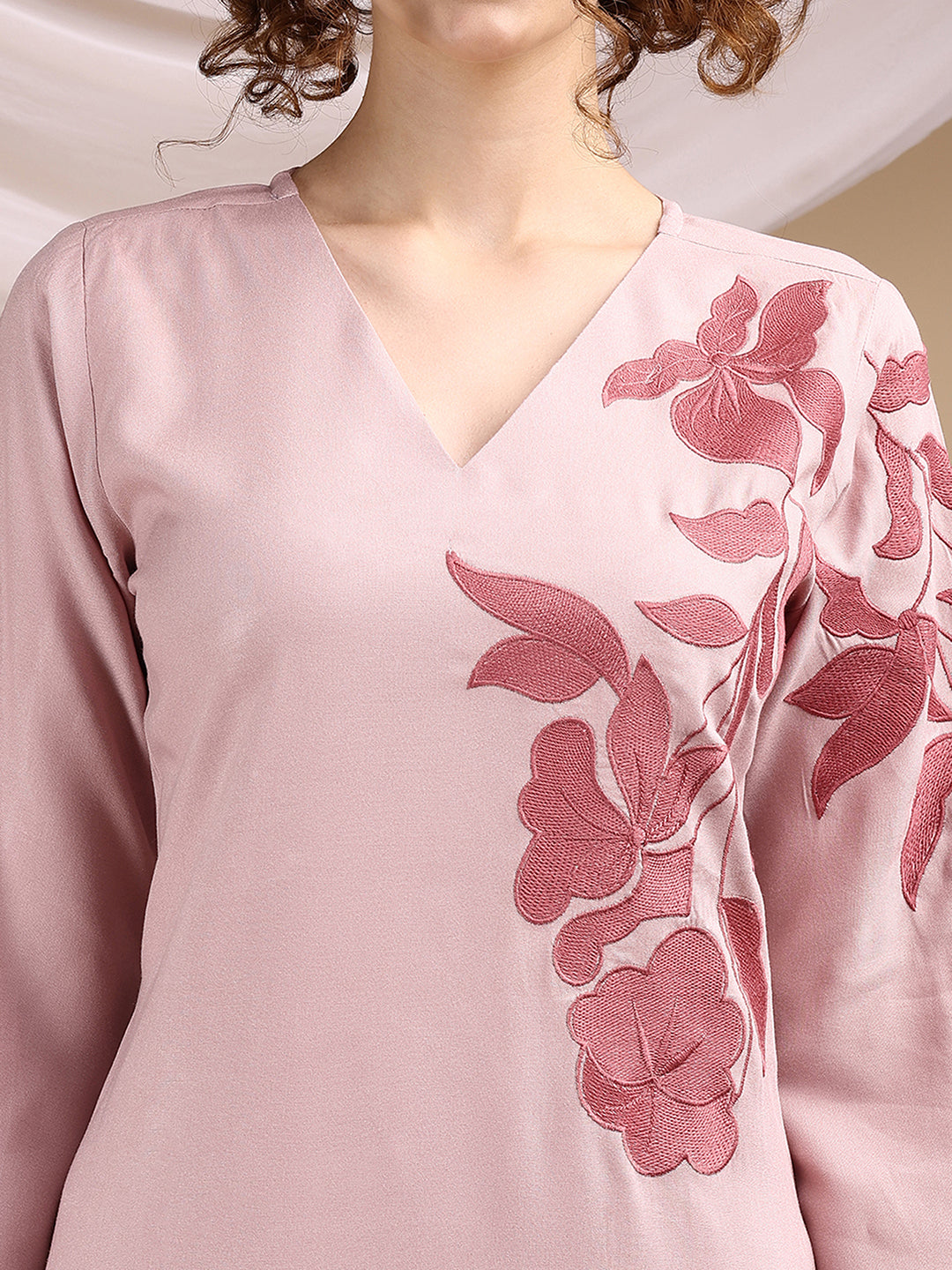 Dusty Pink Colored Placement Embroidered Rayon A-Line Kurta With Trousers Co-ords Set